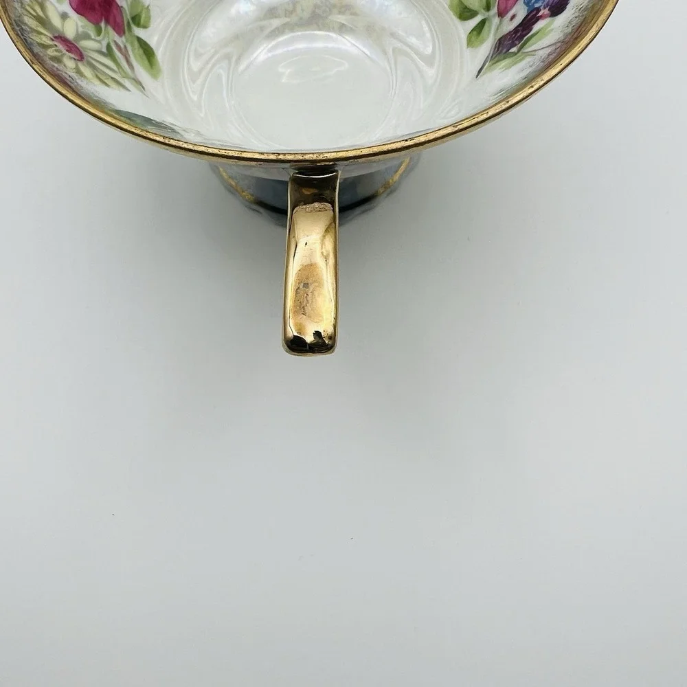 Trimont Ware Japan Pedestal Teacup Saucer Floral Gold Gilt Luster Vintage Tea Se